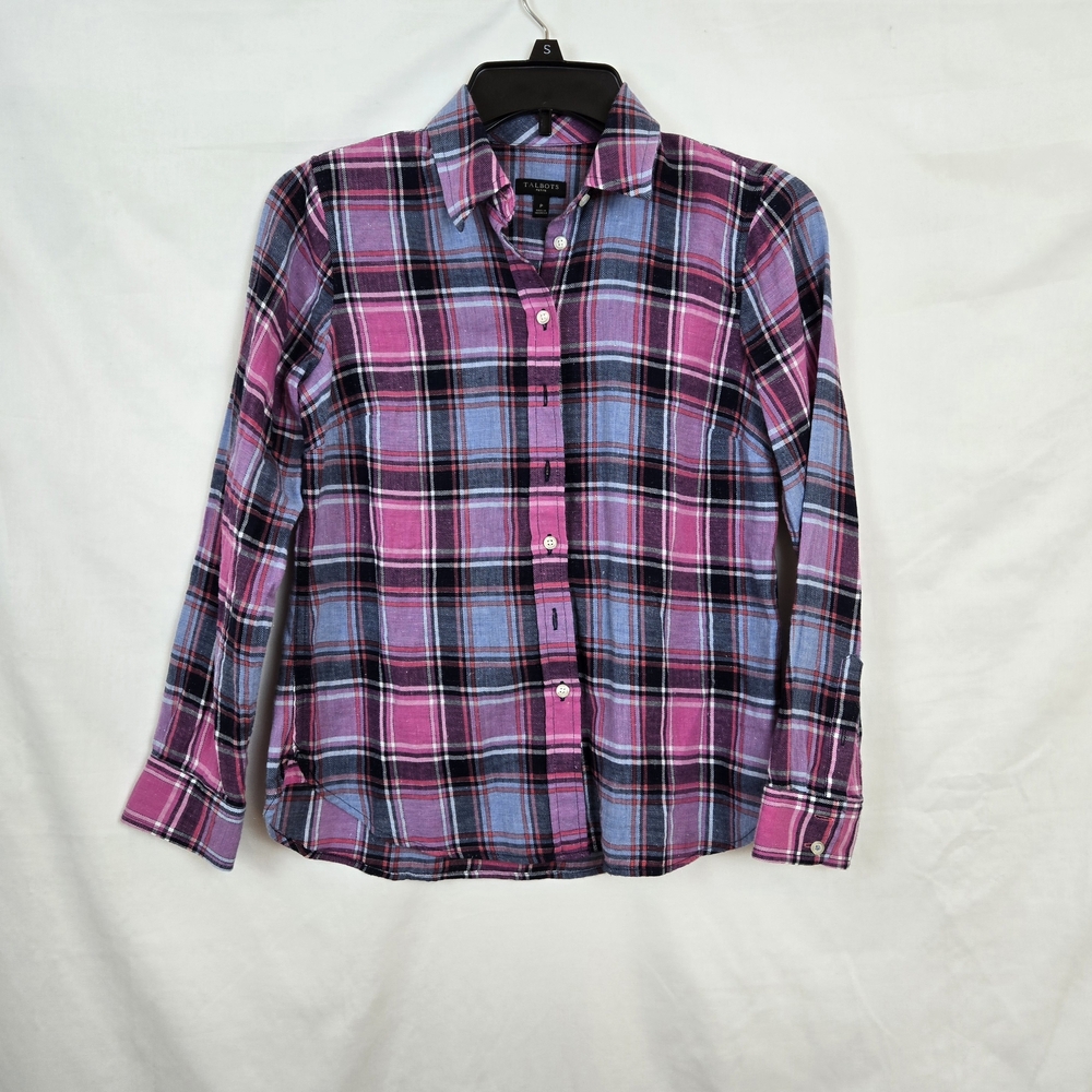 Talbots Women's Pink‎ Navy Purple Glitter Classic Plaid Button-Up Shirt Petite